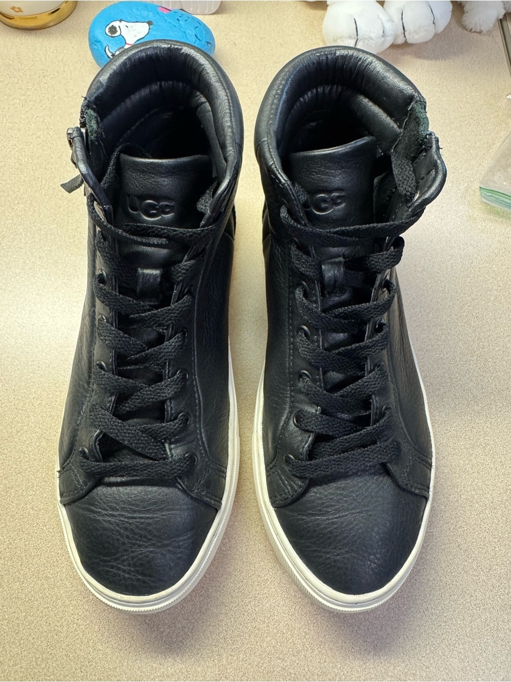 UGG Black Leather High-Top Lace-Up Sneakers with White Sole